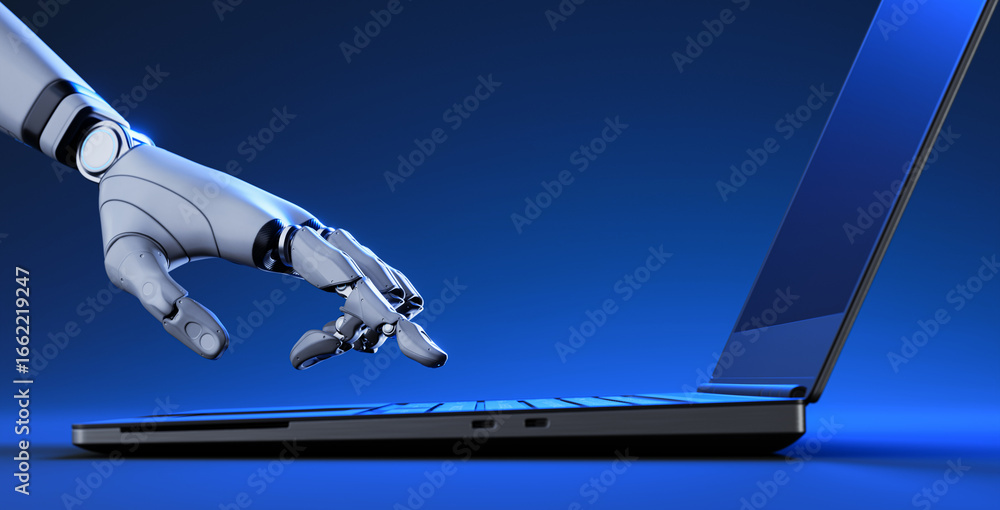 Aufkleber futuristic robot using laptop - ai artificial intelligence, technology and automation concept