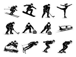 Vector art of set of winter sports icons showing athletes skiing, snowboarding, skating, hockey, curling, and bobsled