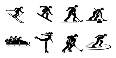 Vector art of collection of winter sports icons featuring skiing, snowboarding, ice hockey, skating, curling, and bobsleigh