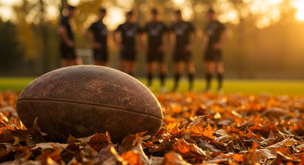 Rugby ball resting on autumn leaves with players in background