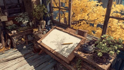 Obraz premium Cozy, sunlit study with plants and drawing board