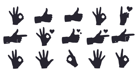 Various hand gestures and signs in black silhouette on white background