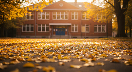 Autumn leaves covering ground in front of school building  