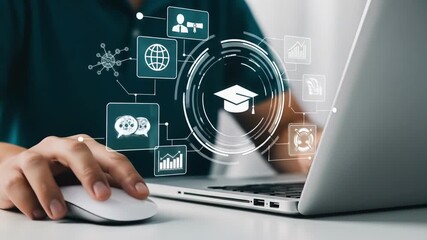 Hands use a laptop with glowing icons hovering Digital education technology learning opportunity online courses and virtual classroom for personal growth - Powered by Adobe