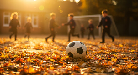 Children playing soccer on a field covered with autumn leaves