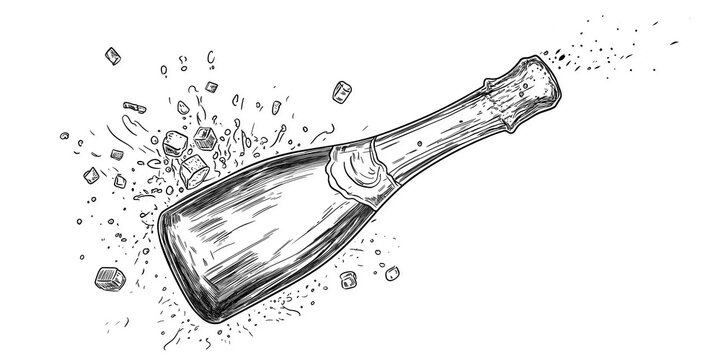 Line art drawing of champagne bottle with shooting cork illustration isolated on a transparent or white background, perfect for celebration, party, and festive designs.