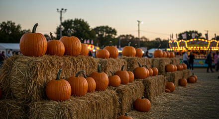 Pumpkins stacked on hay bales during autumn festival at sunset  