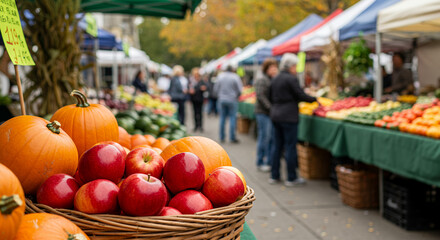 Fresh fruits and pumpkins displayed at outdoor farmers market in autumn  