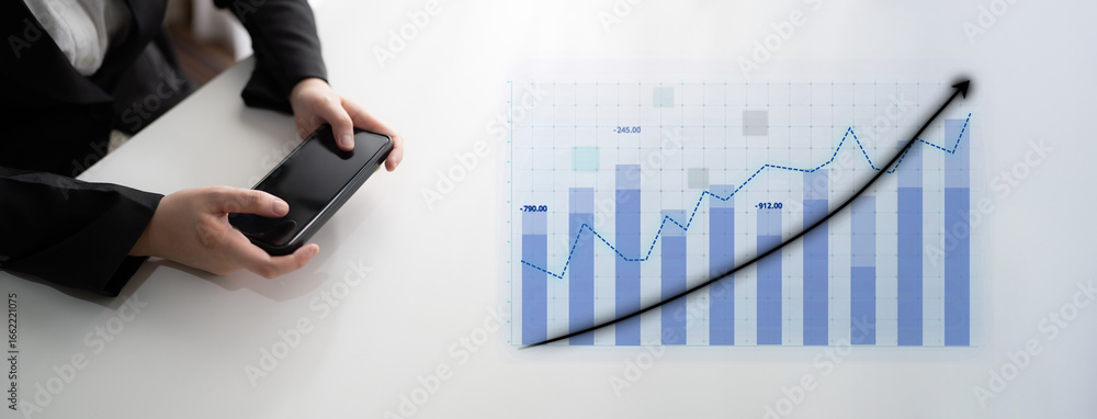 Poster businessman using smartphone while analyzing financial growth data represented in a bar chart, refle