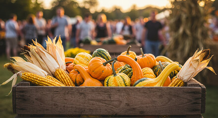 Colorful pumpkins and corn displayed in wooden crate at sunset  