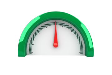 3D render minimal cartoon speedometer icon with green pointer showing low status credit scale, meter, and performance rating, isolated on transparent background.