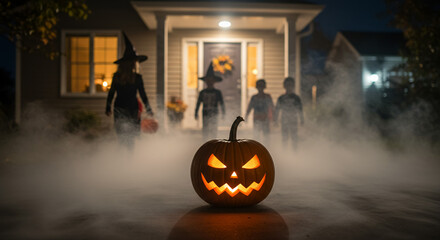 Fototapeta premium Family dressed in Halloween costumes walking outside at night 