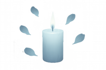 Single pastel blue candle is burning brightly, surrounded by gently falling blue petals, on a transparent background