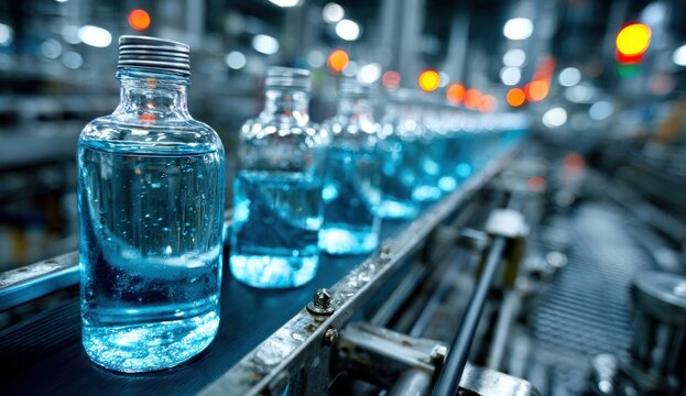 Bottled liquid moves along a conveyor belt in a factory. Blue-tinted fluid fills transparent bottles. Overhead lights add to the industrial scene