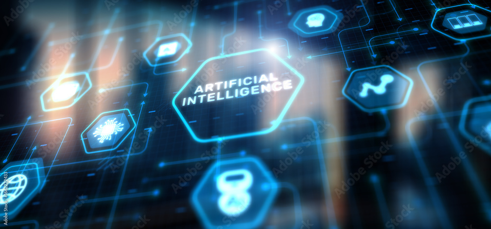 Poster ai artificial intelligence abstract background concept. technology learning