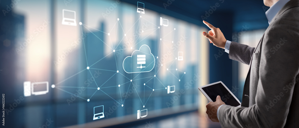 Poster digital technology data exchange cloud computing global business concept. cloud computing on a virtu