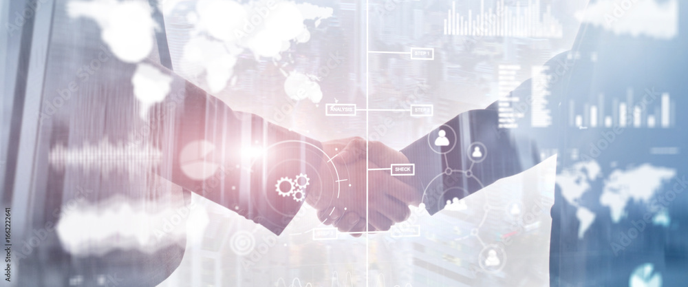 Poster business dashboard with key performance indicators on a virtual screen city interface