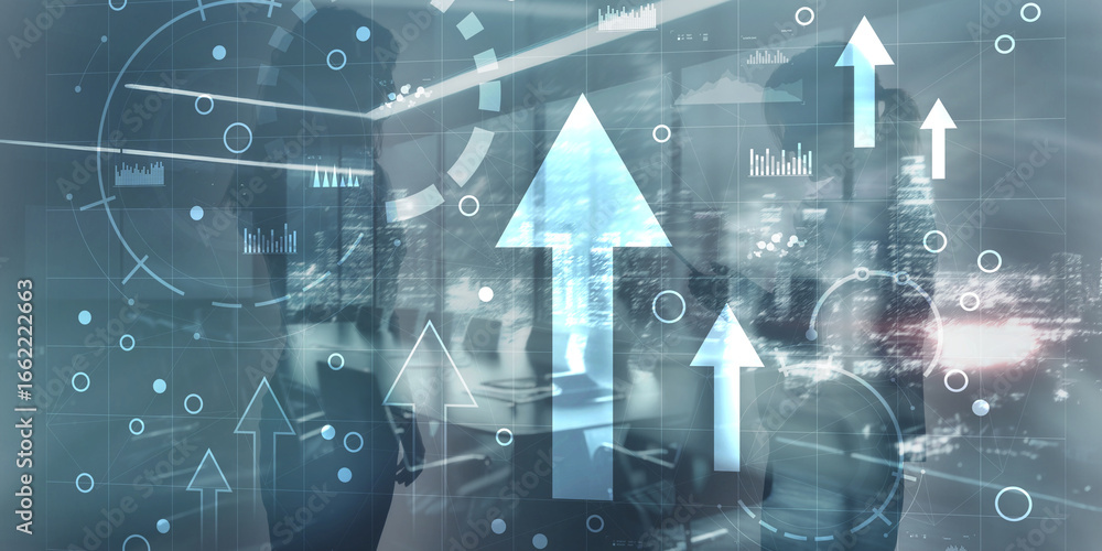 Aufkleber business intelligence dashboard and arrows up, key performance indicators on a virtual screen comput