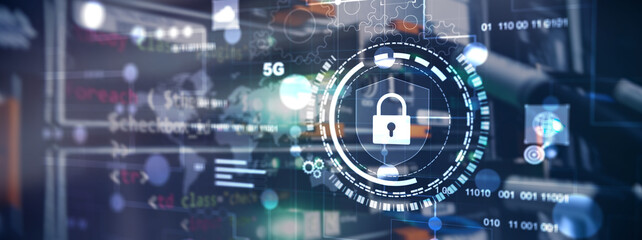 Cyber protection shield icon on server room background. Information Security 2025