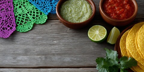 mexican fiesta design, colorful papel picado banners, tacos, salsa bowls, and lime slices on a rustic wooden table with confetti scattered, perfect for text overlay