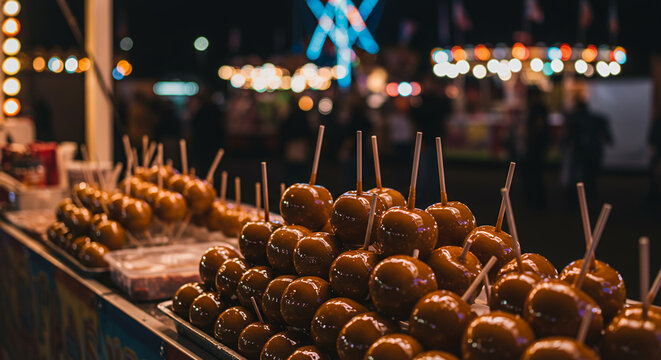 Stacked caramel apples on sticks at a festive night market  