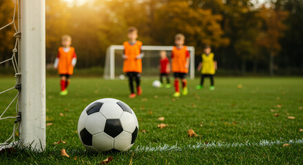 Group of children playing soccer on field during autumn evening  