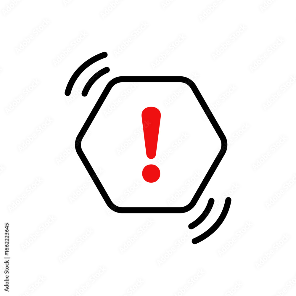 Aufkleber exclamation mark in a red hexagon with motion lines, signaling urgency and important notification.