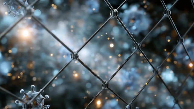 A close up of a metal fence with a blue background. The fence is covered in snow. Pathogen particles trapped behind metallic grid fence, biosecurity sci-tech conceptual closeup