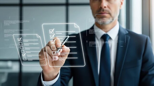 A bearded man in a suit interacts with transparent digital data He is touching a glowing interface The setting seems modern and professional - Powered by Adobe