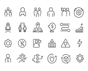 Set of outline icons related to startup. Linear icon collection
