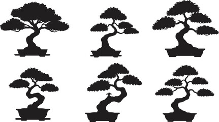 Bonsai tree silhouette set, black vector illustration, traditional Japanese miniature trees, isolated icons, elegant nature design elements