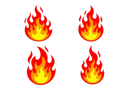 Four glowing red and yellow fire flames with flickering orange edges
