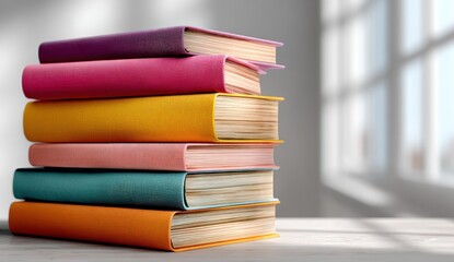 A colorful stack of hardcover books, varying in shades, is placed near a bright window, with shadows cast across the wall