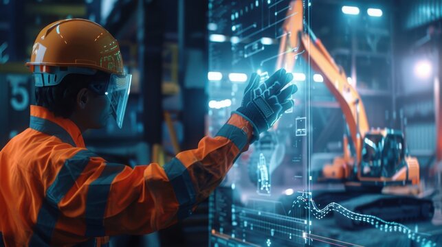 Construction worker using augmented reality technology for project management in a modern industrial site