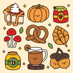 Cute hand-drawn autumn doodle set in kawaii style, perfect for cozy seasonal stickers, cards, and digital projects.