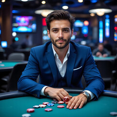Stylish Man Playing Poker Game at Casino Table