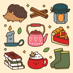 Cute hand-drawn autumn doodle set in kawaii style, perfect for cozy seasonal stickers, cards, and digital projects.