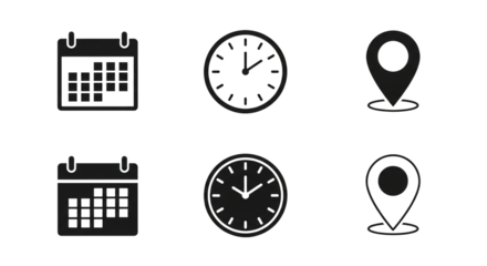 Collection of calendar clock and location pin icons for planning and navigation essentials