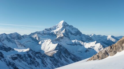 Obraz premium Majestic Snow Capped Mountain Range Against a Clear Blue Sky Scene