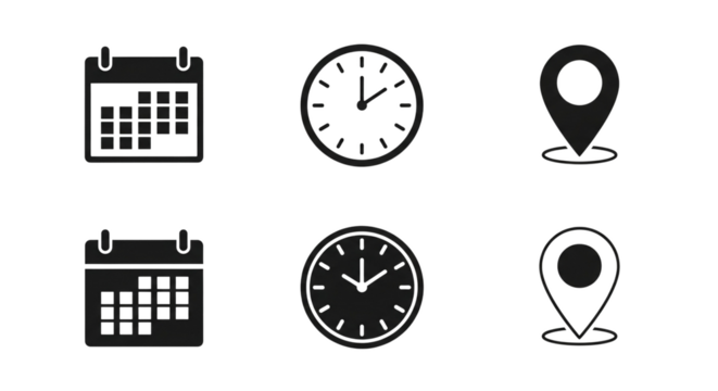 Collection of calendar clock and location pin icons for planning and navigation essentials