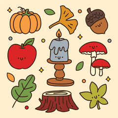 Cute hand-drawn autumn doodle set in kawaii style, perfect for cozy seasonal stickers, cards, and digital projects.