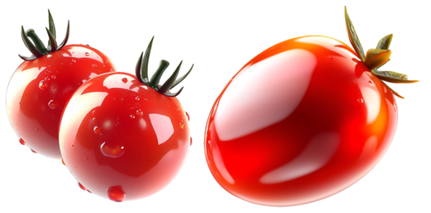 Set of fresh red tomatoes with green stems and glossy surface, isolated on transparent background