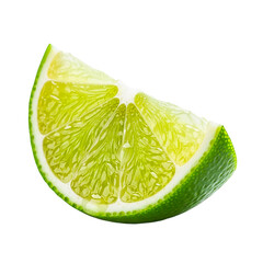 A single wedge of a lime with green rind and juicy interior isolated against a plain view