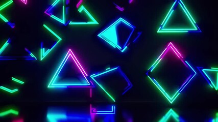 This video features glowing neon triangles and geometric shapes moving against a dark background. The vibrant colors and dynamic lights create a modern, futuristic and energetic visual atmosphere. - Powered by Adobe