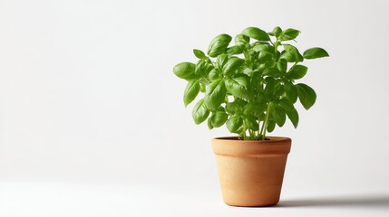 Fototapeta premium A fresh green basil plant in a simple clay pot. This image captures the beauty of nature in a minimalist style. Perfect for gardening, cooking, or home decor. AI