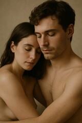 Young caucasian couple embracing with eyes closed in intimate moment