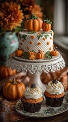 Beautifully decorated cake with orange pumpkins and intricate details, surrounded by cupcakes and autumn-themed elements, showcasing festive culinary artistry and seasonal charm