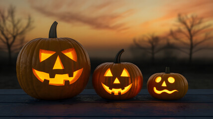 Obraz premium Three jack o lanterns glowing on a wooden surface with a sunset and trees in the background scene