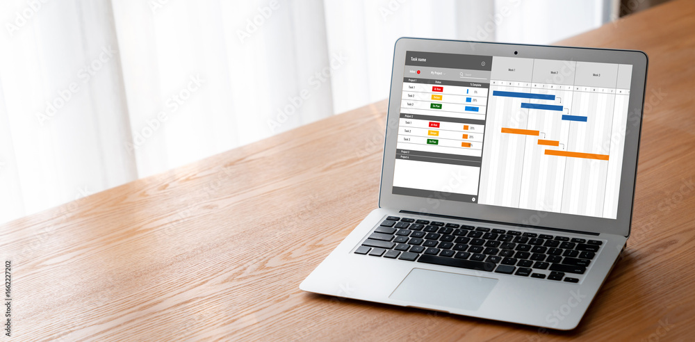 Aufkleber project planning software for modish business project management on the computer screen showing time