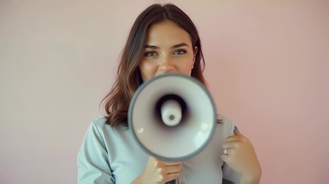 Woman speaking into megaphone against pink background.  Young woman using loudspeaker to make announcement. This image is perfect for promoting female empowerment and feminism.